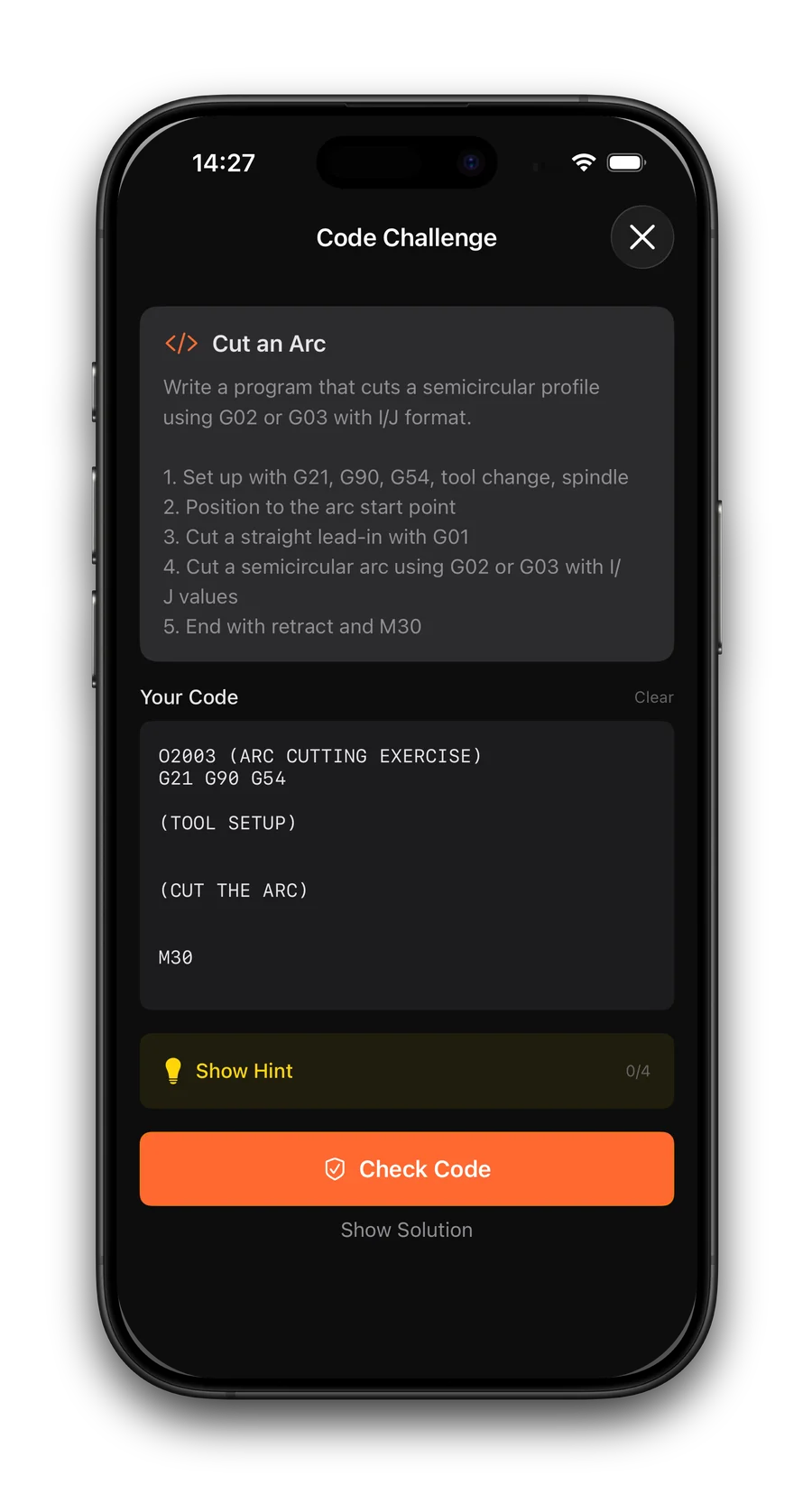 G-Code Guru code challenge Cut an Arc, with starter code, hints and a check button